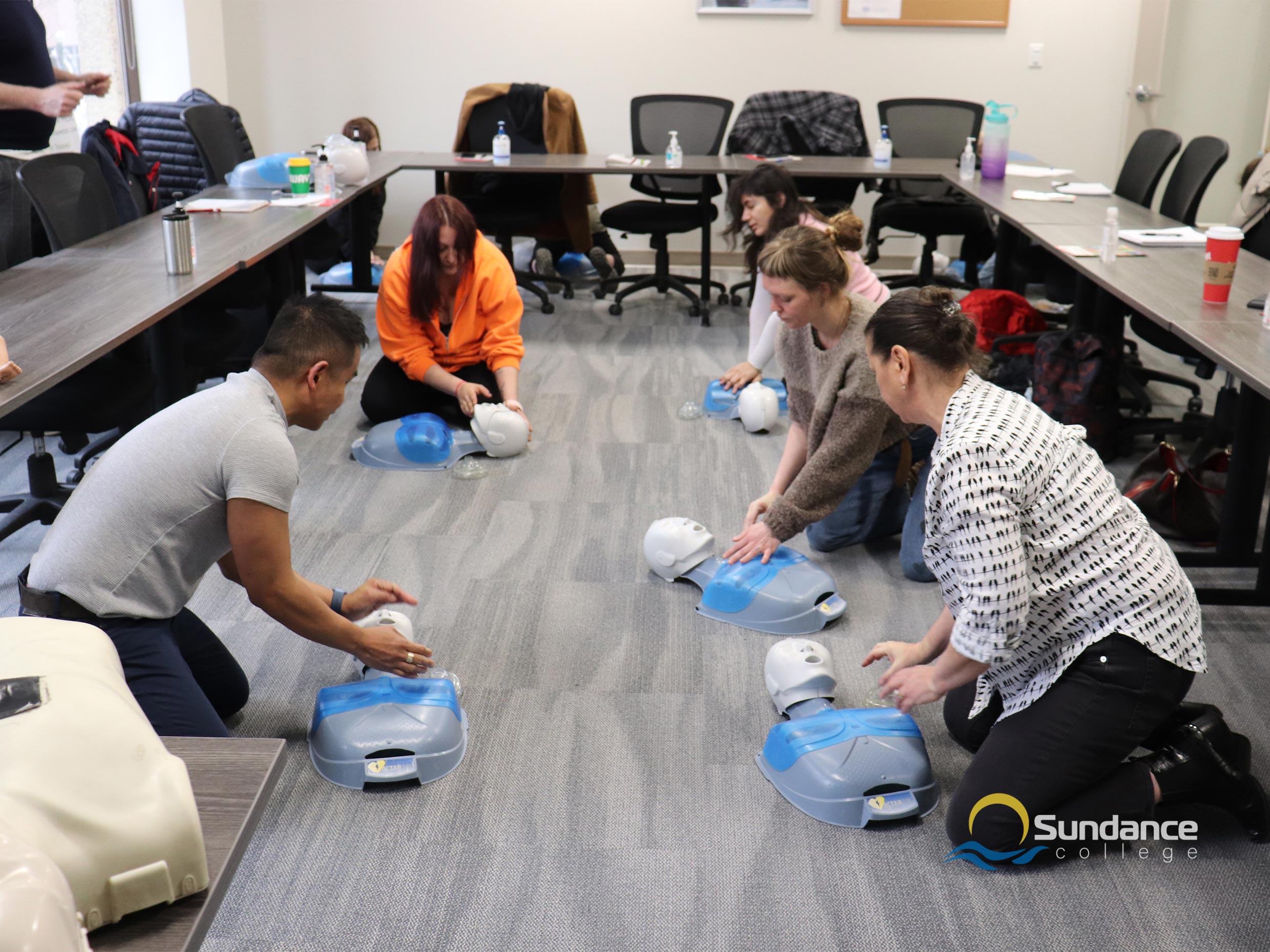 The First Aid and CPR training taking place at Sundance College's Edmoton campus.