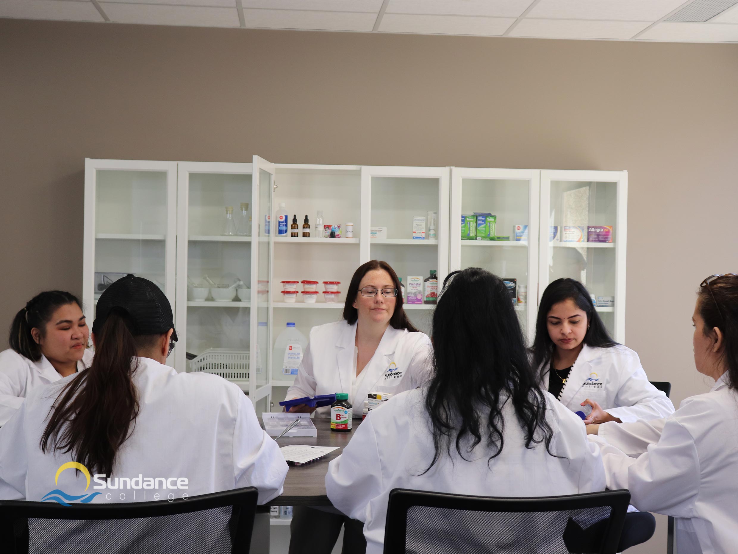 The hands-on training for Pharmacy Assistant students in one of the Sundance College campus-based pharmacy labs.