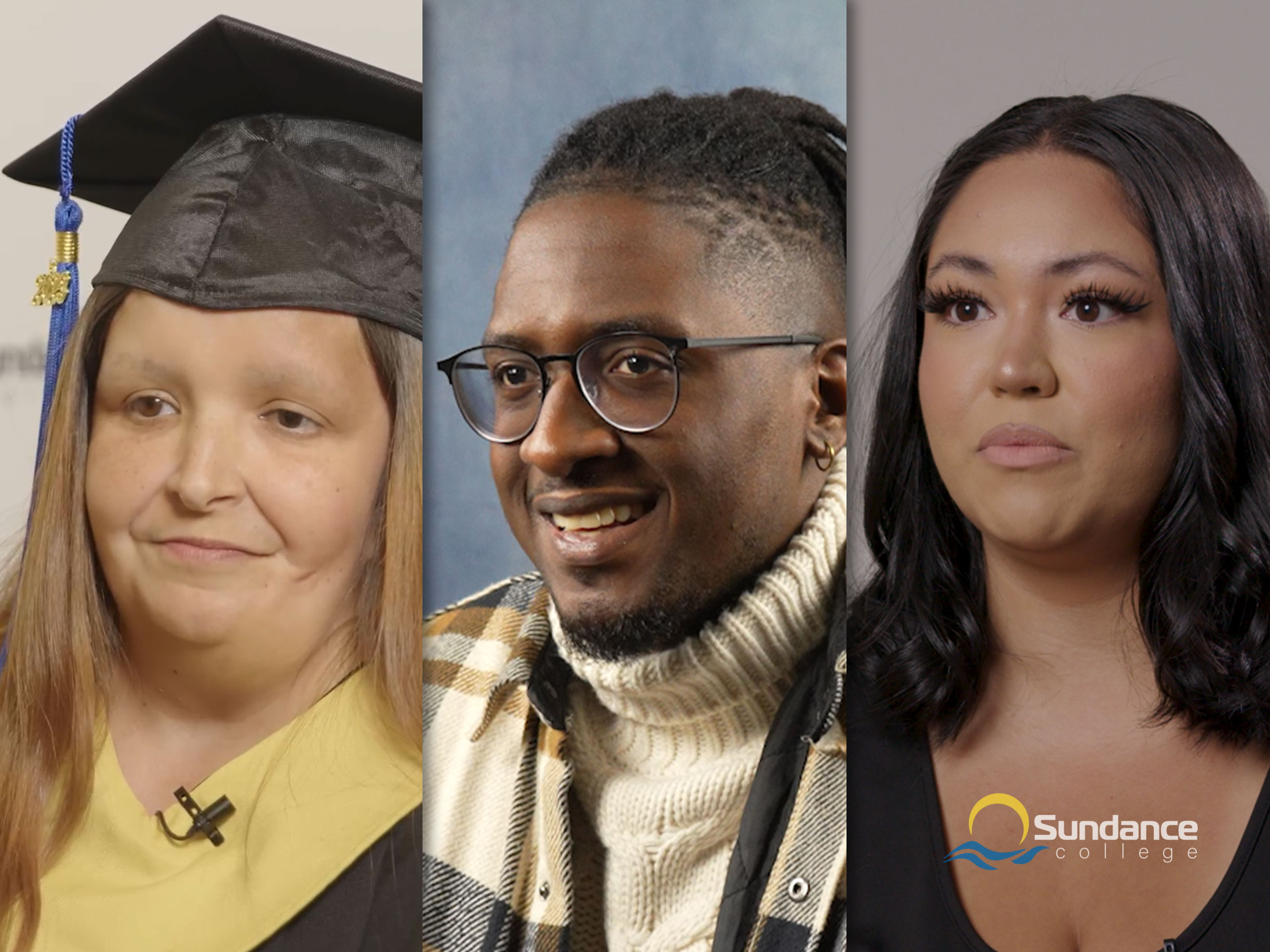 Three Sundance College graduates from different diploma programs: Valerie R., Medical Office Administration; Hananeel C., Digital Marketing and Social Media Management; Shawna L., Addictions and Community Health Professional.