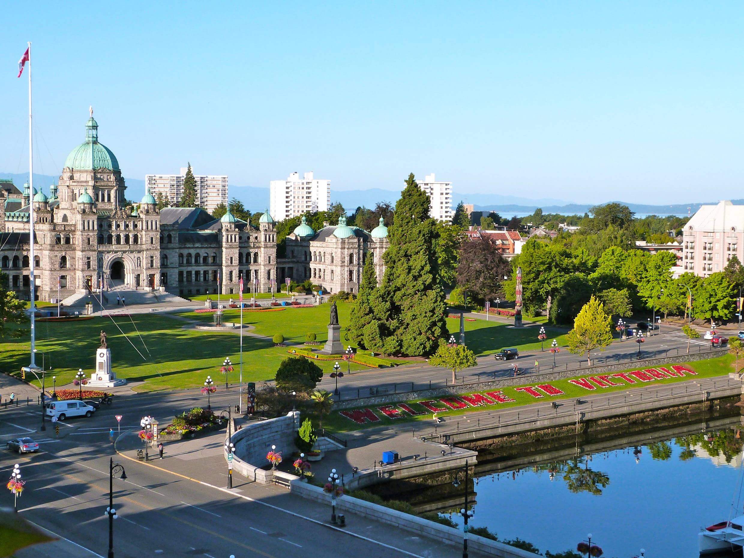 Victoria's skyline centred on the iconic provincial parliament downtown on a clear summer morning