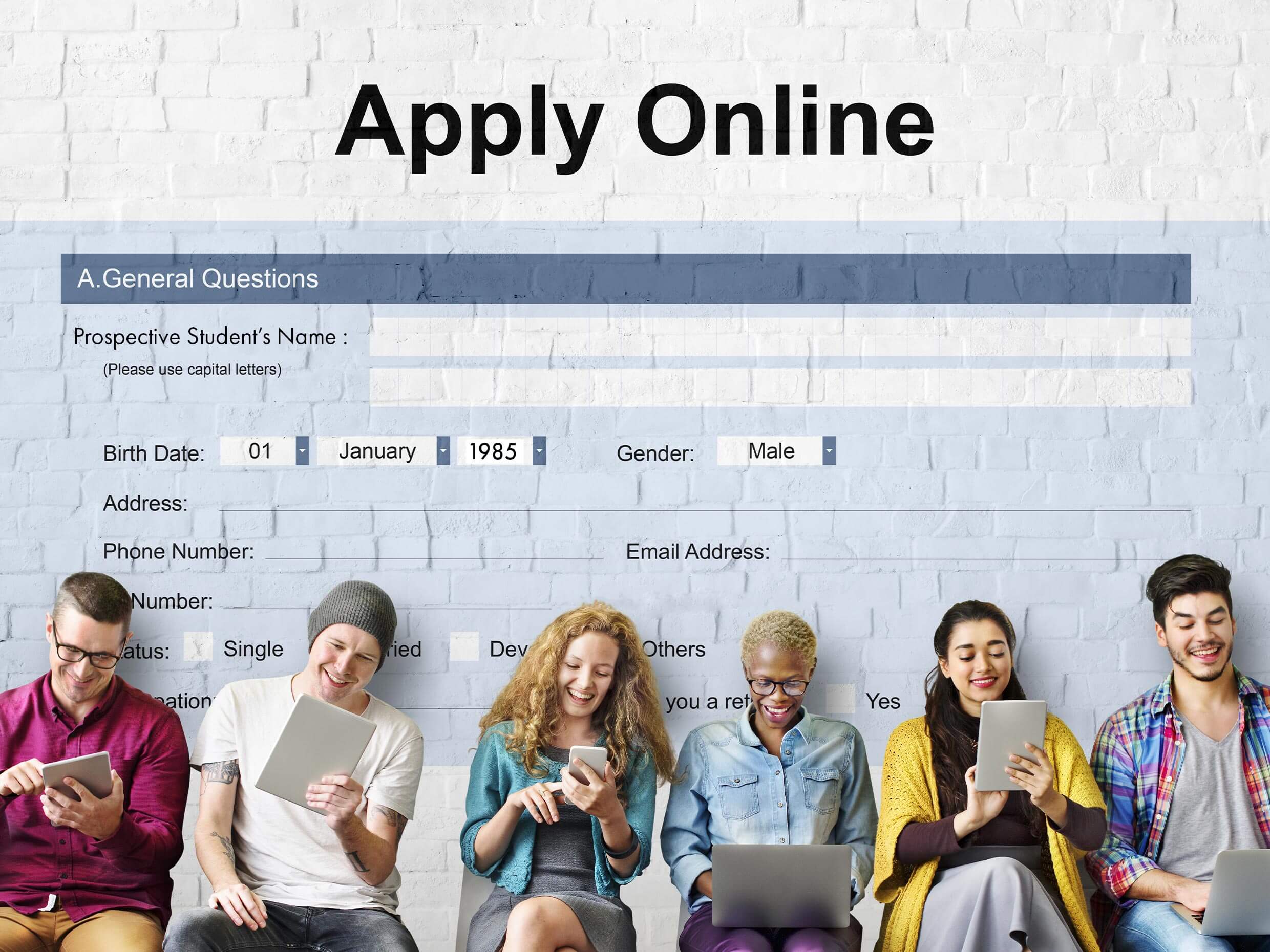 A conceptual photo of people from diverse backgrounds all filling out personal details on a digital form for prospective students of Sundance College’s addictions work diploma program