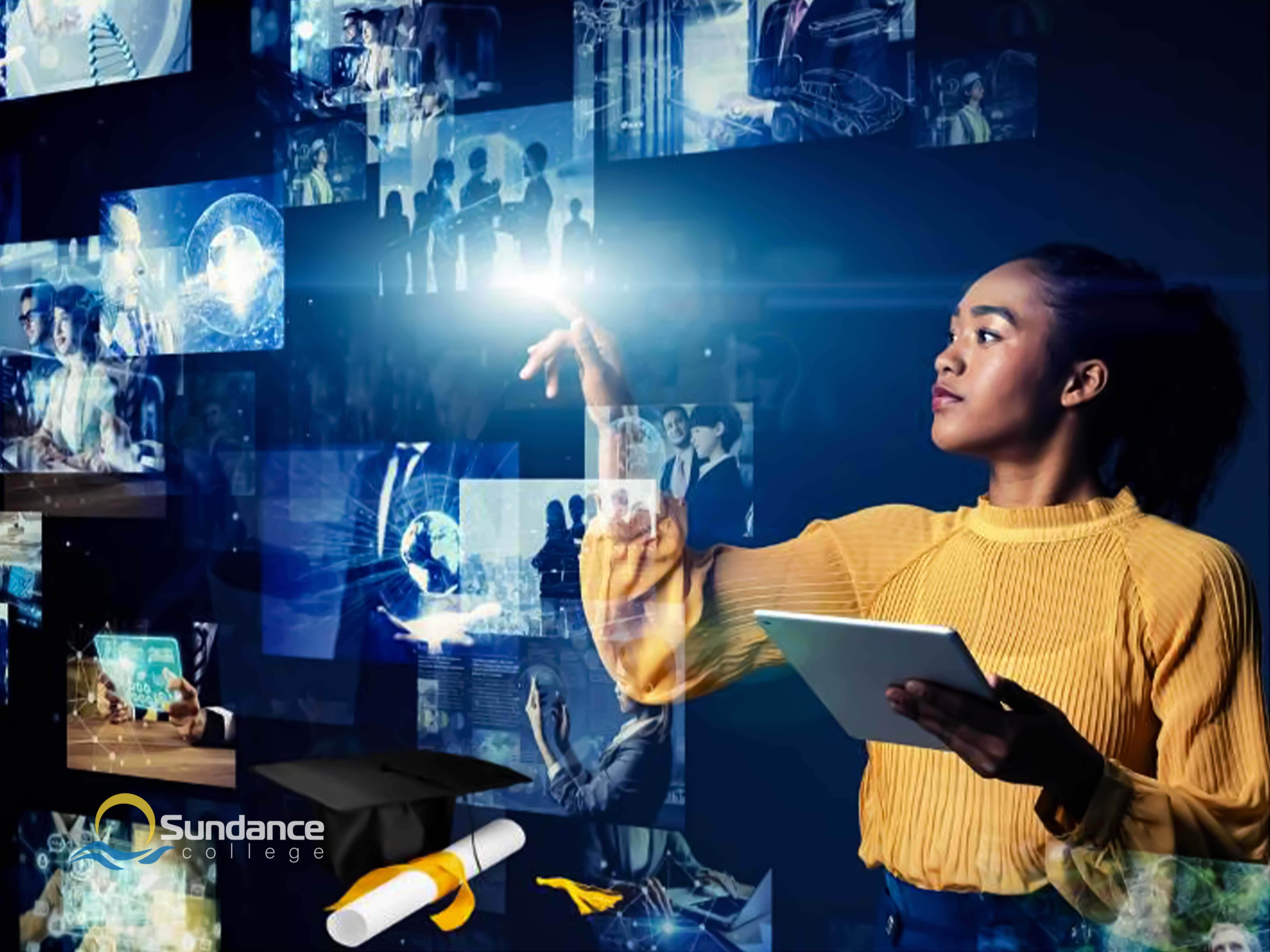 conceptual image of a digital marketing diploma graduate setting aside her cap and diploma to work on a figurative holographic social media dashboard