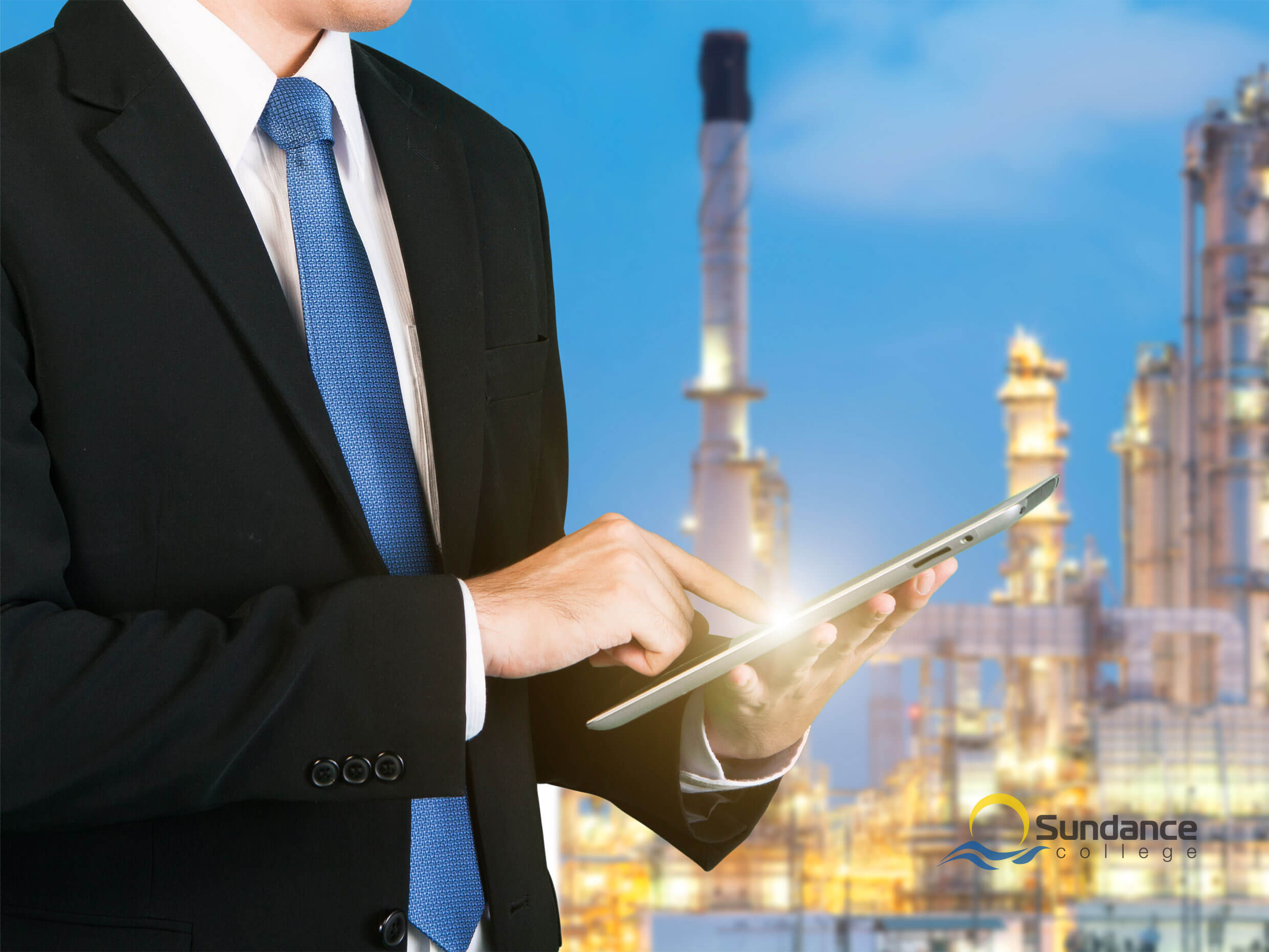 conceptual photo of self-insert administrator for oil and gas company interacting with data on device connected to oil and gas plant