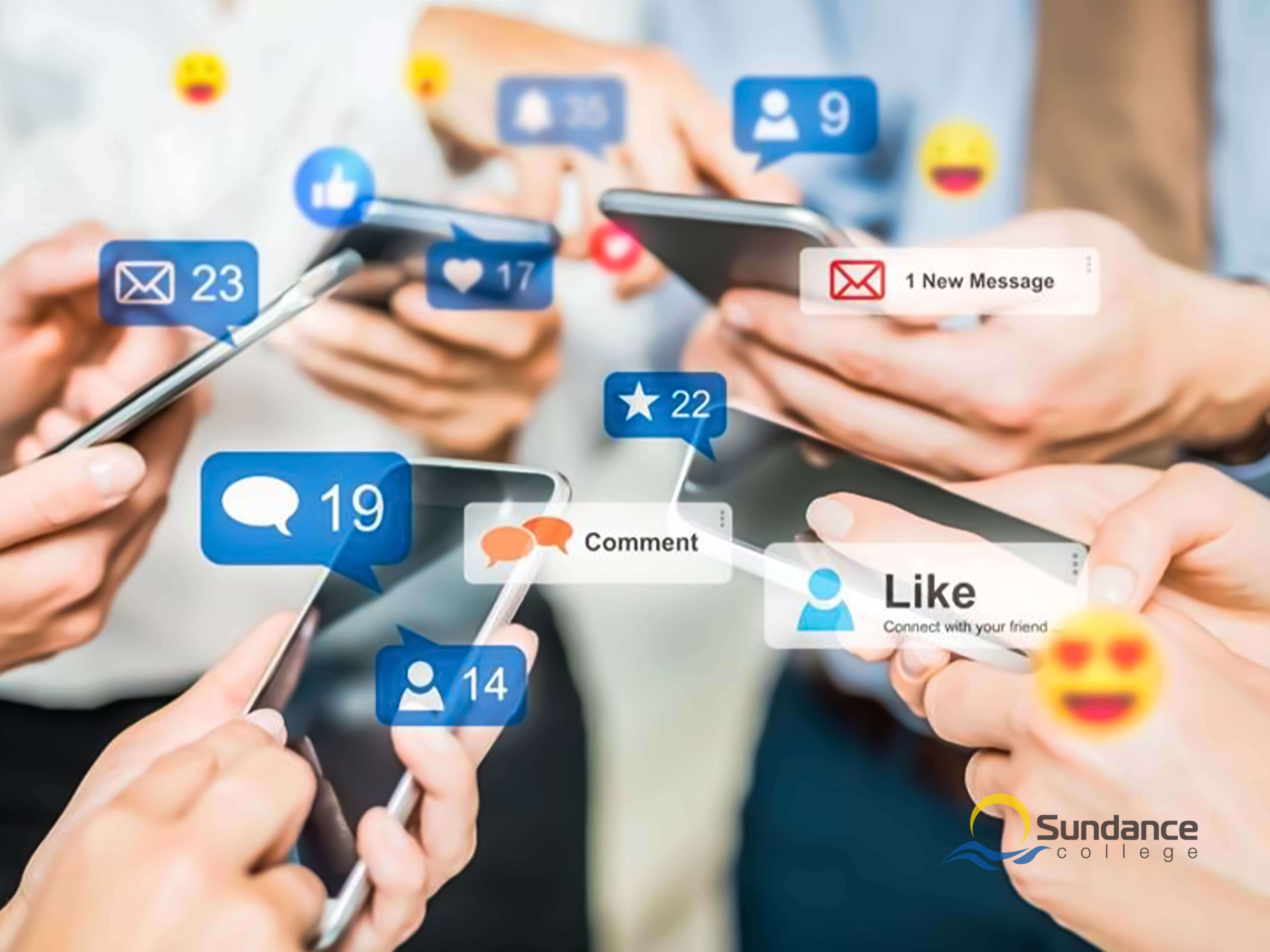 concept of social media represented by smartphones held by users closely together, connection people through messages, social media feeds, and social media reaction features