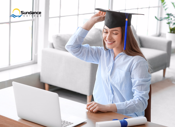 Smiling pharmacy assistant graduate with diploma in home office 