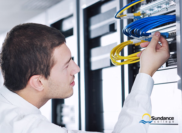 A network systems manager examines network cables on a server rack.