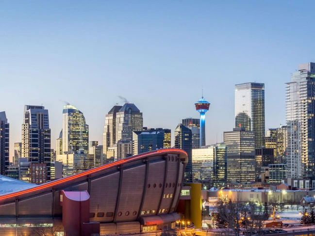 a city skyline with a stadium and a tower