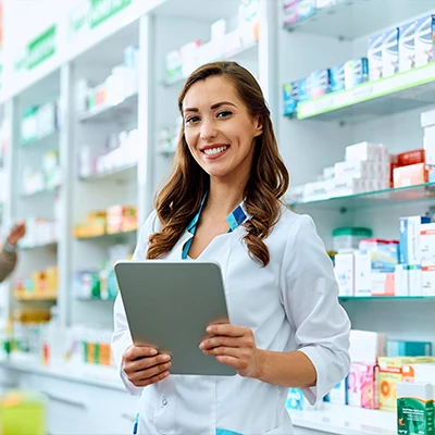 A pharmacy assistant reviewing prescriptions.