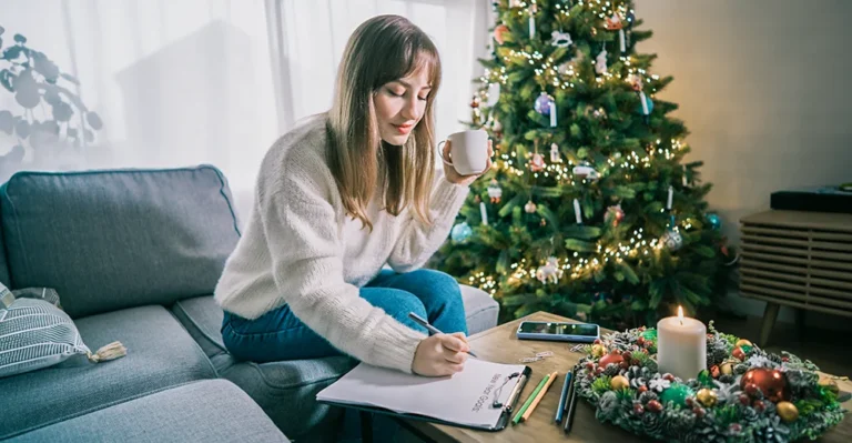 A female college student creating a list of new year resolutions.