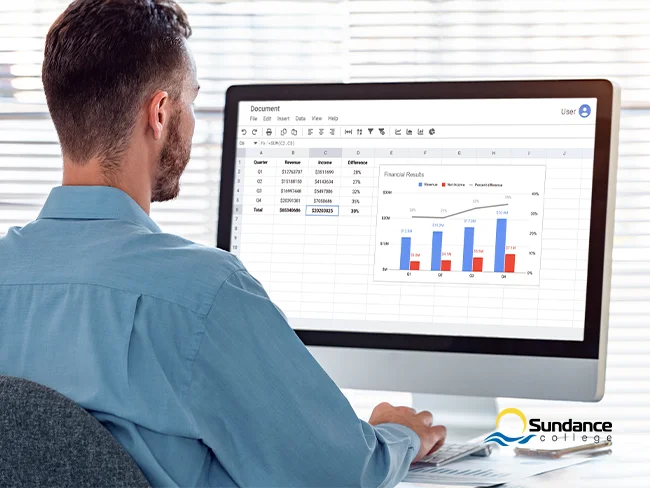 A bookkeeper working on an Excel sheet displaying the financial performance of a company.