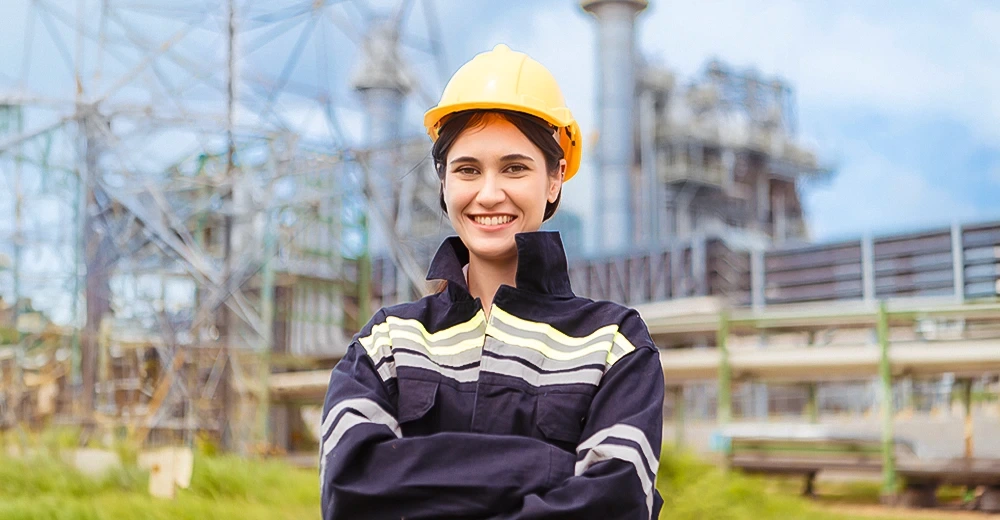 A woman wearing a hard hat on-site at an oil facility, representing administrative roles in the oil and gas industry.