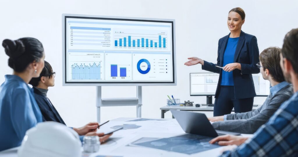 Businesswoman directing colleagues to look at screen with charts and graphs.
